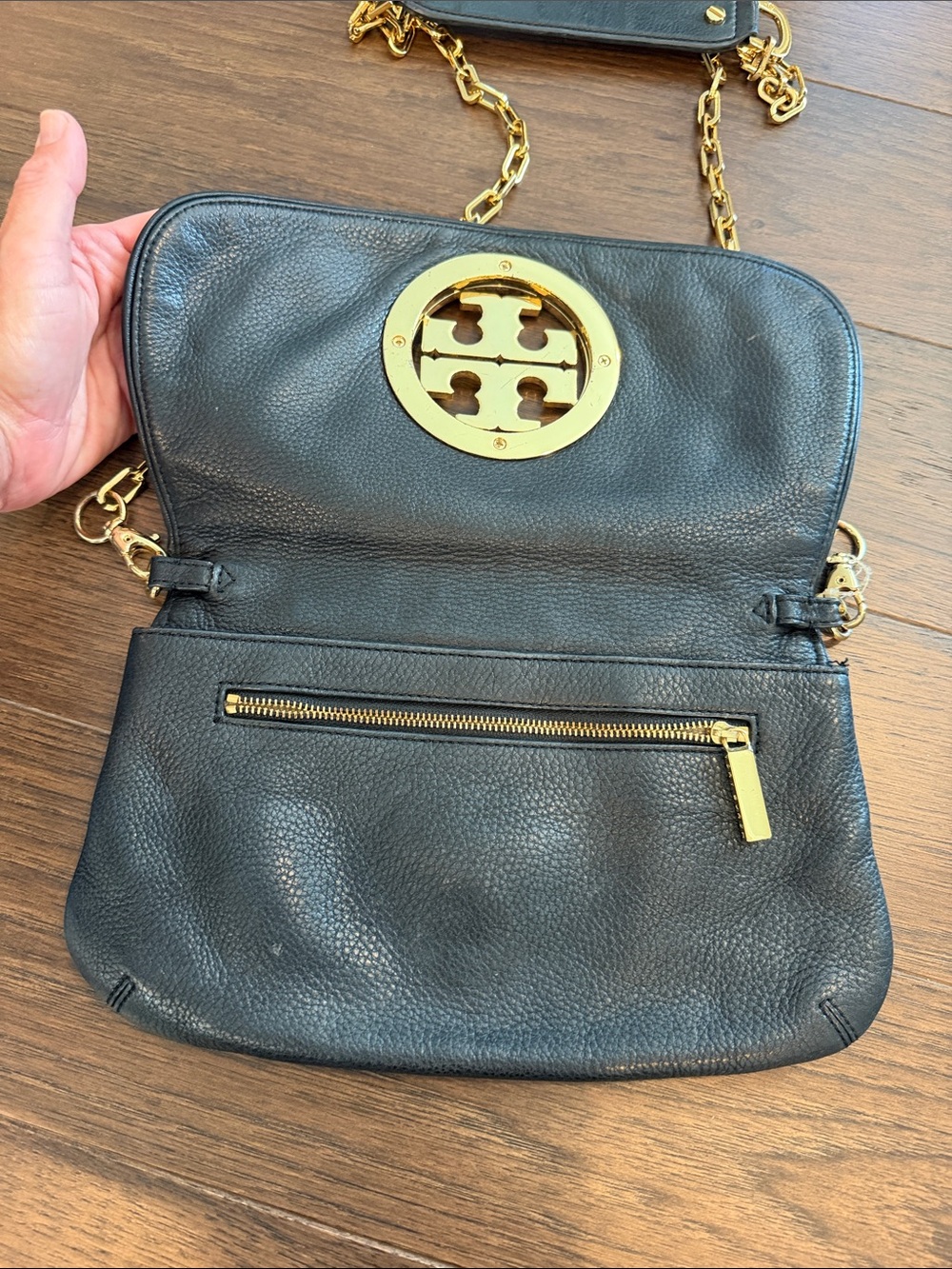 Tory Burch Black Leather Crossbody with Gold-Tone Logo and Chain - C39-182 - Picture 3 of 14